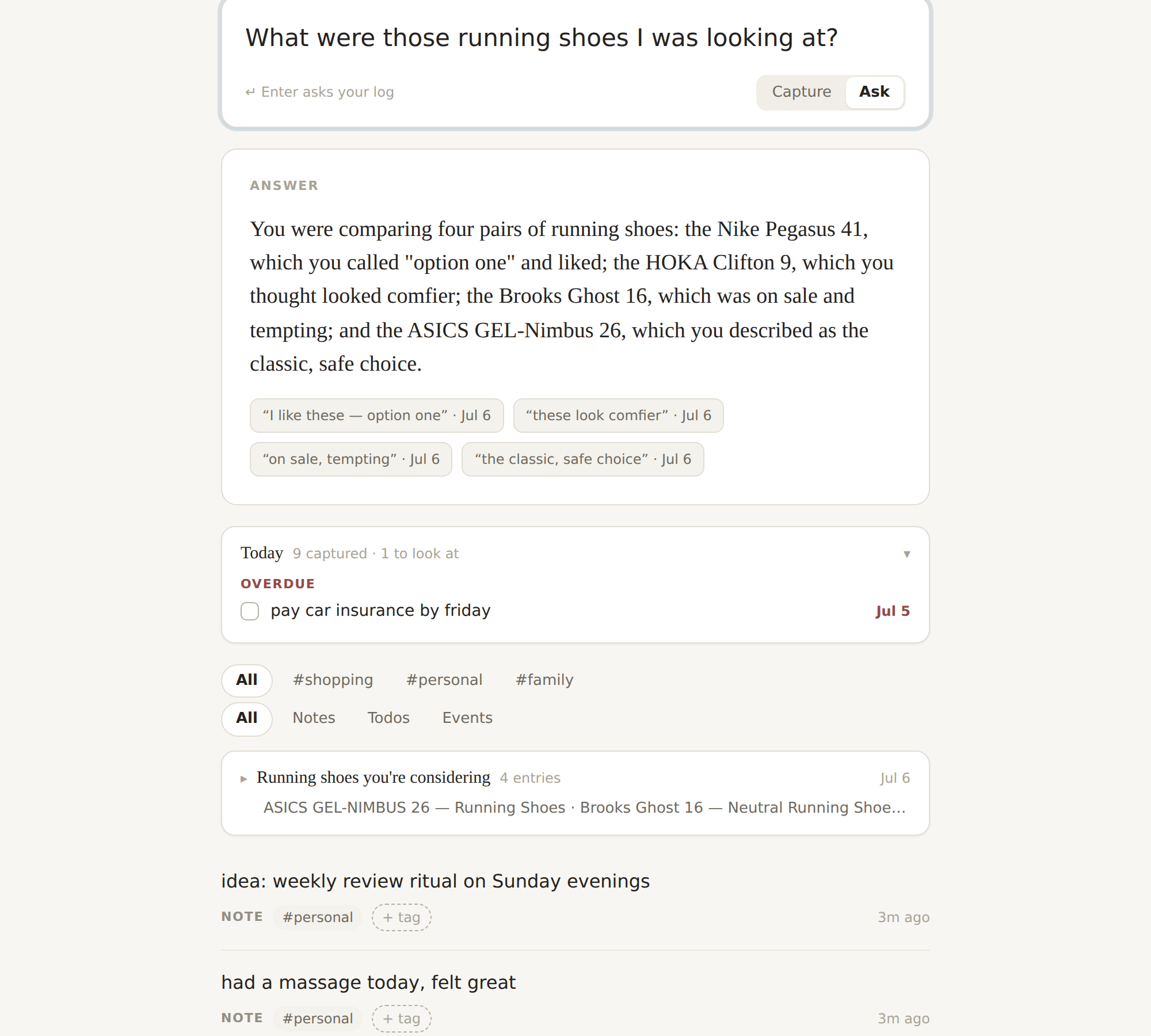An answered question: what were those running shoes I was looking at — with four cited entries