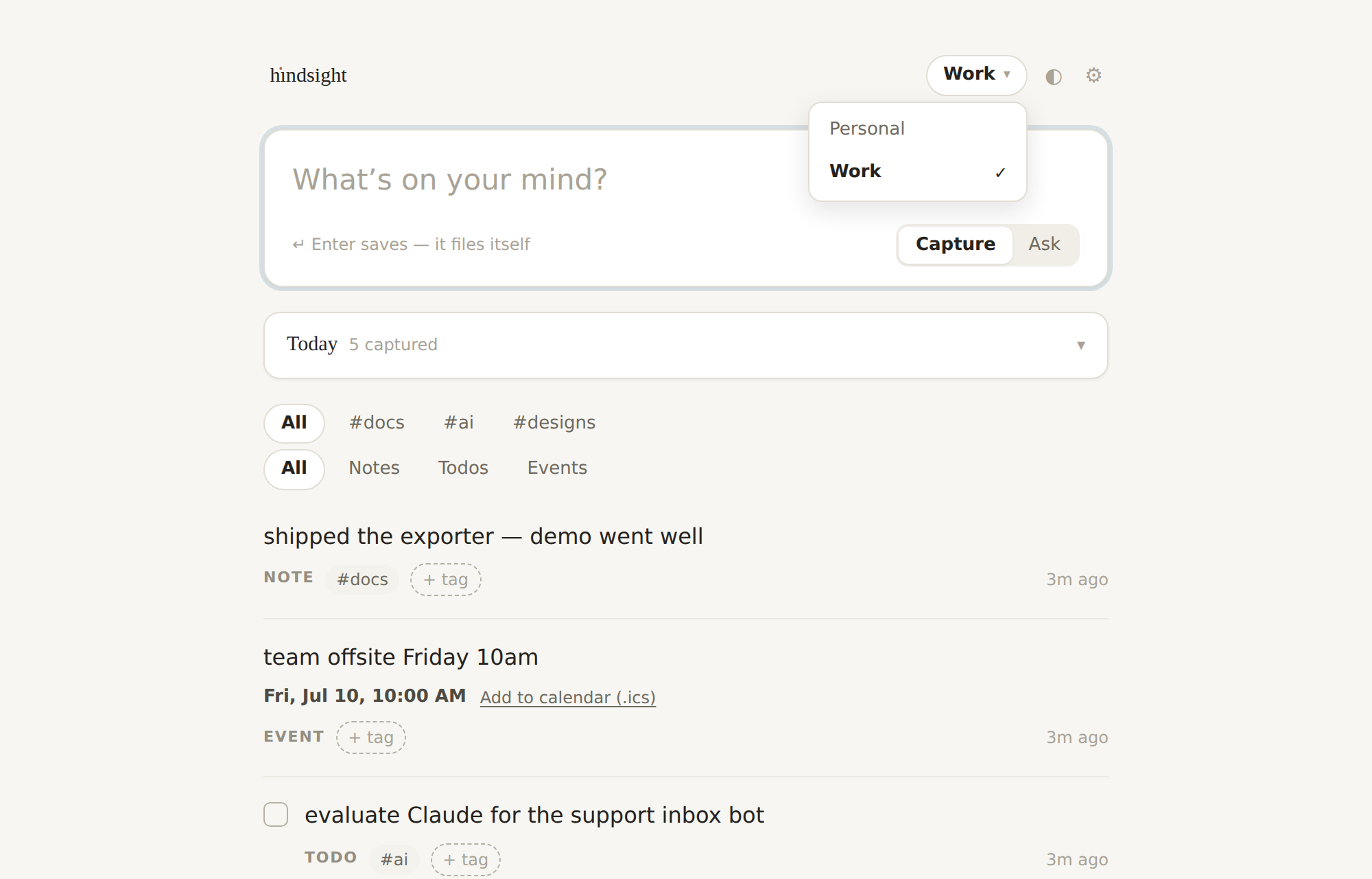 The workspace switcher open over a Work workspace with docs, designs, and ai categories
